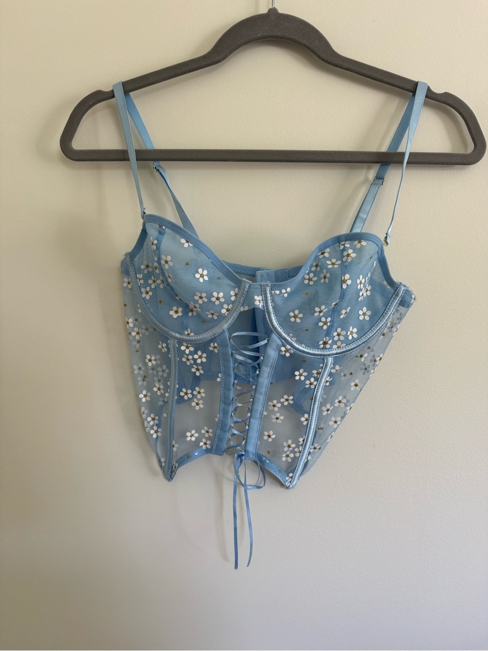 Blue Floral Lace-Up Bustier Corset Top
